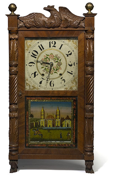 Riley Whiting Conn. Carved Mahogany Half Column Clock with Eagle Crest, — Antique Clocks Price Guide