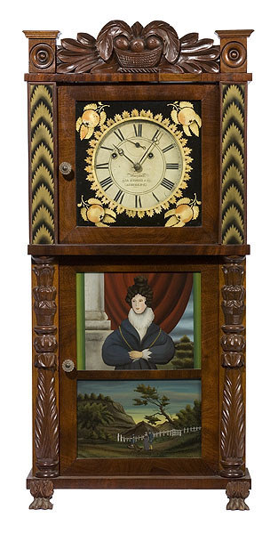 Asa Munger &amp; Co. Beautifully Carved &amp; Stenciled Triple Decker Clock, — Antique Clocks Price Guide