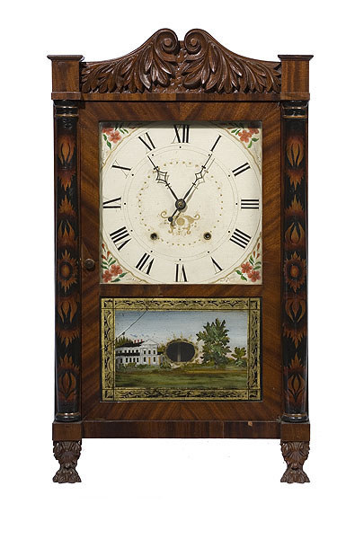 Seth Thomas Wooden Works Carved &amp; Stenciled Half Column Clock, — Antique Clocks Price Guide