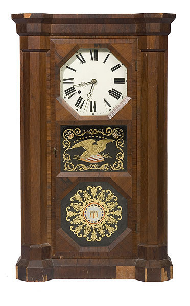 Seth Thomas Mahogany Half Column Clock with Patriotic Tablets, — Antique Clocks Price Guide