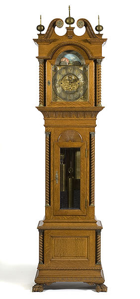 Durfee Pattern 42 Quarter Sawn Oak Tall Case Clock silvered and brass dial with marked with retailer's name Wright Kay &amp; Co./Detroit, — Antique Clocks Price Guide