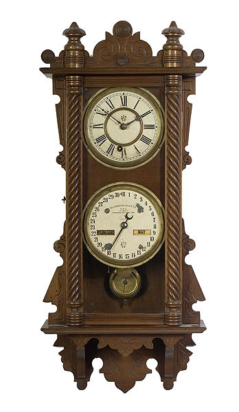 Waterbury Clock Co. Unusually Small Double Dial Calendar Clock, — Antique Clocks Price Guide