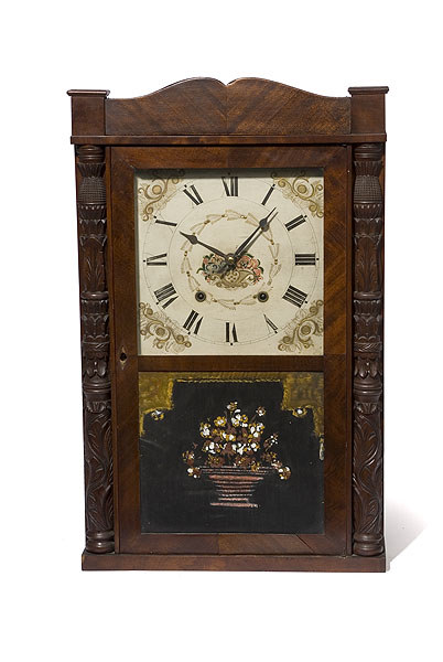 Eli Terry &amp; Sons Carved Mahogany Half Column Wooden Works Clock, — Antique Clocks Price Guide