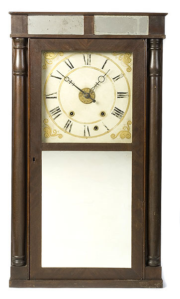 Scarce Henry Terry &amp; Co. Mirrored Mahogany Half Column Clock with Alarm, — Antique Clocks Price Guide