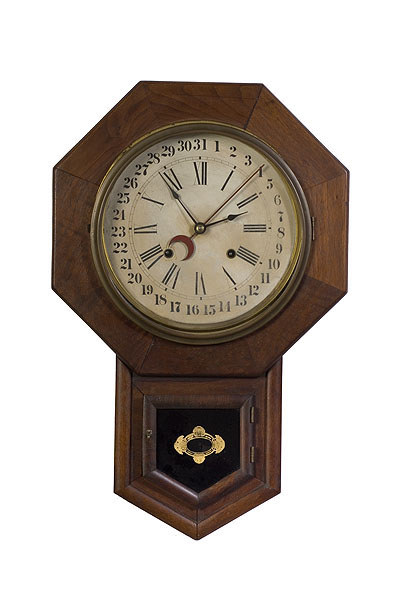Terry Clock Co. Walnut Octagonal Drop Regulator Calendar Clock, — Antique Clocks Price Guide
