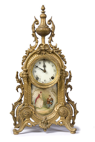 New Haven, Larchmont Ormolu Shelf Clock with Porcelain Inserts, — Antique Clocks Price Guide