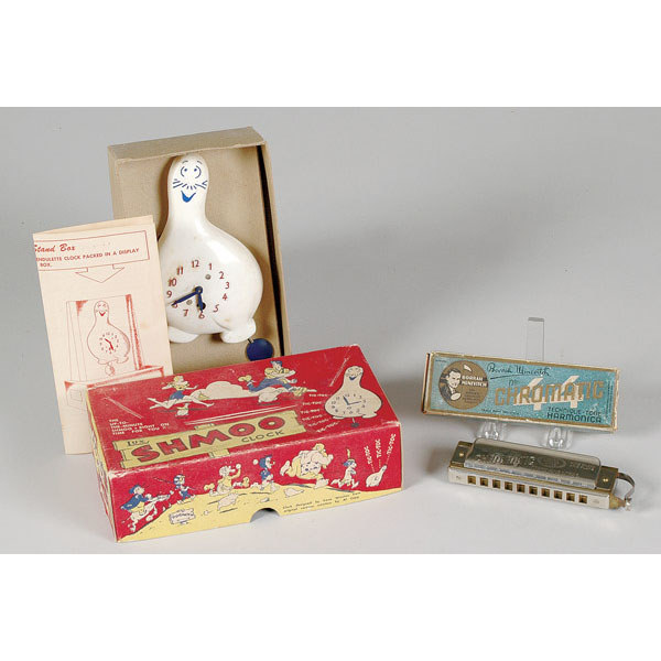 Minevitch Chromatic Harmonica &amp; Shmoo Clock with Boxes, — Antique Clocks Price Guide