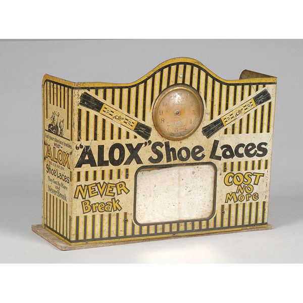 Alox Shoe Laces Painted Tin Counter Display with Clock, — Antique Clocks Price Guide