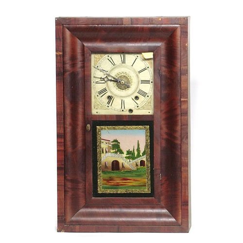 Ogee Shelf Clock, TS &amp; A Wooden Movement,, white label reading, Smith &amp; Brothers 7 1/2 Bowery New York plastered over blue label. — Antique Clocks Price Guide