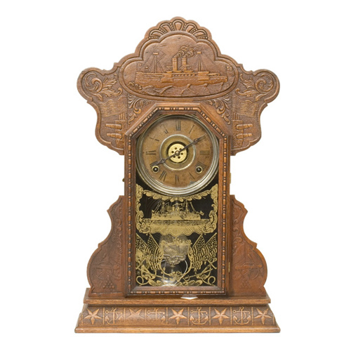 U.S.S. Maine Pressed Oak Ingraham Shelf Clock, — Antique Clocks Price Guide