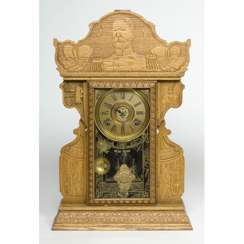 Admiral Sampson Pressed Oak Shelf Clock with key wind 8-day time and strike spring driven brass movement with alarm, — Antique Clocks Price Guide