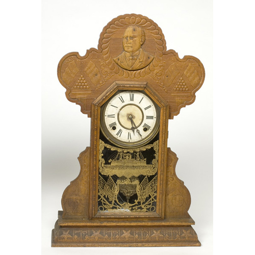 McKinley Army &amp; Navy Pressed Oak Ingraham Shelf Clock, — Antique Clocks Price Guide
