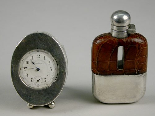 Silver Desk Clock &amp; Hip Flask, — Antique Clocks Price Guide