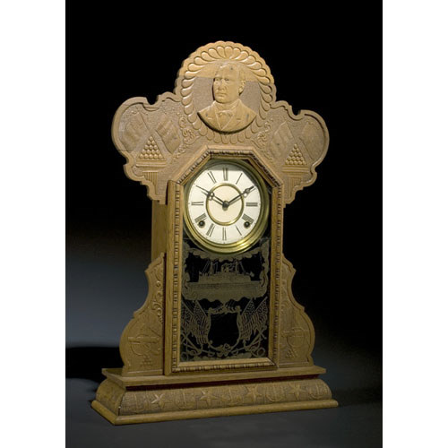McKinley Army &amp; Navy Pressed Oak Ingraham Shelf Clock, — Antique Clocks Price Guide