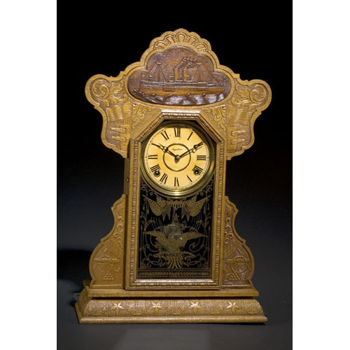 U.S.S. Maine Pressed Oak Ingraham Shelf Clock, — Antique Clocks Price Guide