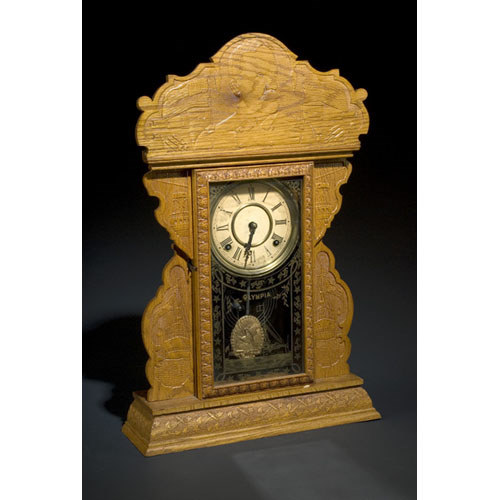 Large Admiral Dewey Pressed Oak Shelf Clock, — Antique Clocks Price Guide