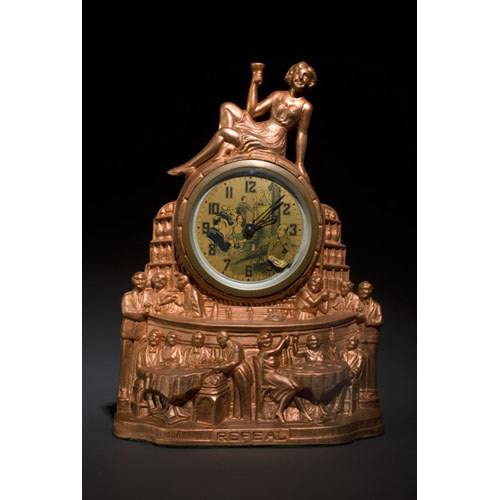 Cast Metal Figural Prohibition Repeal Novelty Shelf Clock, — Antique Clocks Price Guide