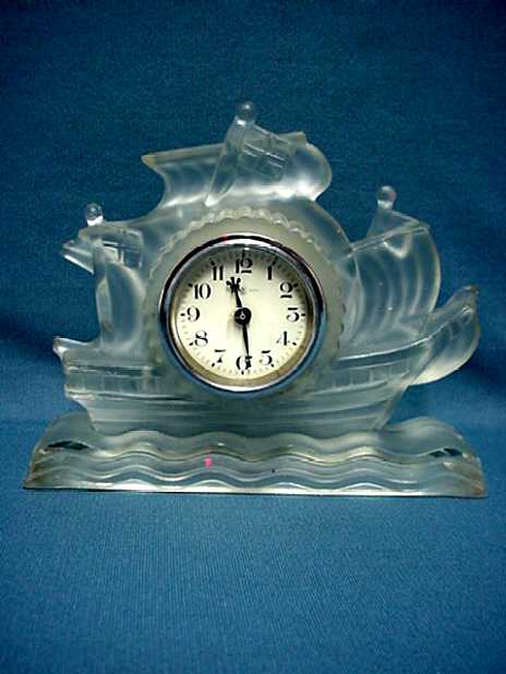 6" Frosted Glass Sailing Ship Desk Clock — Antique Clocks Price Guide
