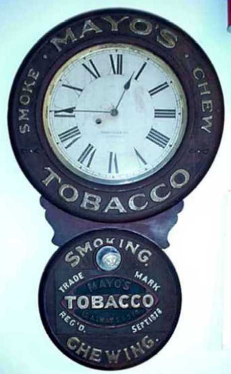 Baird clock, Mayo's Tobacco, circa 1893, with signed movement and dial. — Antique Clocks Price Guide