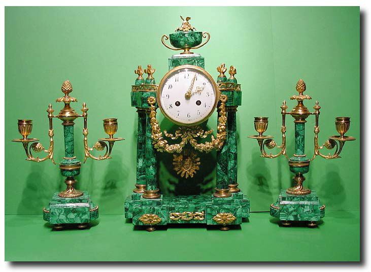 French malachite- veneered chiming portico clock garniture, circa 1880 — Antique Clocks Price Guide