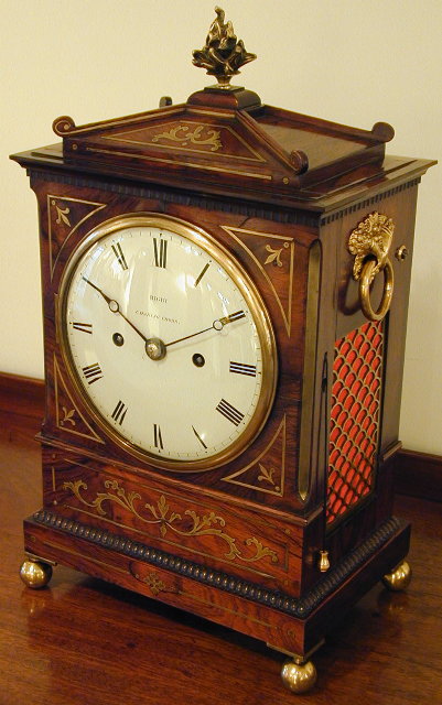 8 day rosewood and brass inlay regency twin fusee bracket clock, with pull repeat. Rigby, Charring Cross, Circa 1825 — Antique Clocks Price Guide