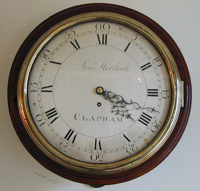 A good George III mahogany dial clock with salt box case. Samuel Mortlock, Clapham — Antique Clocks Price Guide