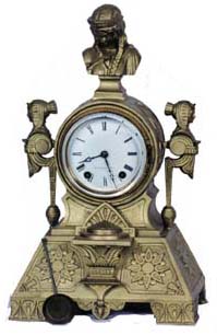 Seth Thomas &amp; Sons metal clock, No. 8030. Case is 14 1/2 inches high and most probably was repainted at some time in a dull bronze color. — Antique Clocks Price Guide