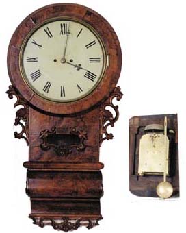 English double chain fusee wall clock. Note the huge solid plate movement and pendulum. — Antique Clocks Price Guide