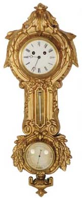 French cartel with barometer and thermometer. 26-inch metal case with gold paint over the metal. — Antique Clocks Price Guide