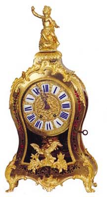 Ommolu-mounted Boule and tortoiseshell clock, the waisted case with a seated boy on top and an eagle at the bottom. — Antique Clocks Price Guide