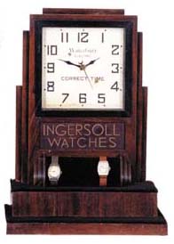 Waterbury Clock Co. advertising for "Ingersoll Watches". The clock is a "Waterbury Electric-Correct Time". — Antique Clocks Price Guide