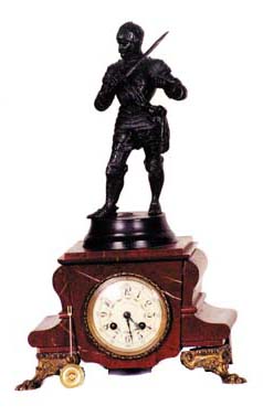 French statue clock, red marble case with white veins, statue of a Roman soldier, standing 18 1/2 inches high. — Antique Clocks Price Guide