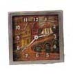Lux Clock Co. 4 inch square case with 3D scene of town, bridge, water, and boat. — Antique Clocks Price Guide