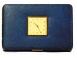 New Haven jewelry box with clock. Extra nice blue leather case, key lock, brass clock and brass trim. — Antique Clocks Price Guide