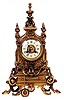 French bronze mantle clock with heavy ornamentation, lions, spires, and other cast figures.