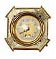 Lux "Heartbeat" novelty clock, etched pearl case, inlaid jewels, easel back, 3 1/4 inches high.