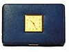 New Haven jewelry box with clock. Extra nice blue leather case, key lock, brass clock and brass trim.