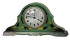Gilbert Clock Co. tambour in a modern wood case, painted green with gold designs.
