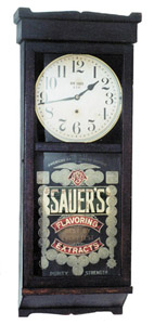 New Haven wall clock, "No. 3043", ca 1917, with the famous "Sauer's" advertising glass. — Antique Clocks Price Guide
