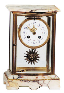 French bow front crystal regulator, onyx top and base, beveled glasses all 4 sides. — Antique Clocks Price Guide