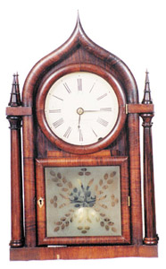 Brewster &amp; Ingrahams round Gothic twin steeple shelf clock, ca 1844-1852. — Antique Clocks Price Guide