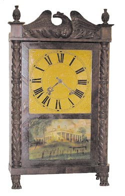 Early shelf clock with carved half columns and splat, pineapple finials, claw feet. The old label reads, "Manufactured for George Mitchell, by Atkins &amp; Downs, Bristol, Conn". It was made around 1831-1832. — Antique Clocks Price Guide