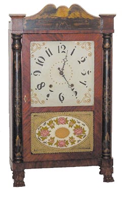 Column and Splat, Transition case. Full label on the backboard, some of which reads, "Ephriam Downes, for George Mitchell, Bristol, Conn". ca 1826-1828. — Antique Clocks Price Guide