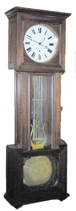 French-Swiss pinwheel in a Vienna regulator type case, called the "Laterndluhr" or lantern style. — Antique Clocks Price Guide