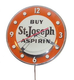 Rare Pam Clock Co. advertising clock for, "Buy St. Joseph Aspirin". — Antique Clocks Price Guide