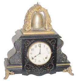 Gilbert Clock Co. bell top clock, "Curfew", ca 1900, or "Gilbert No.2200", per the full label on the base. — Antique Clocks Price Guide