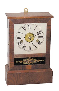 Jerome &amp; Co. miniature cottage clock only 11 1/2 inches high. It is the "David Crockett" model, ca 1850. — Antique Clocks Price Guide