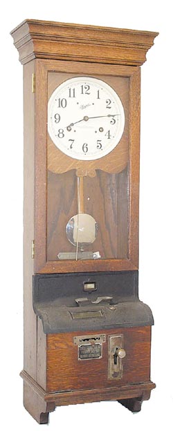 Simplex Time Recorder Co. 48 inch oak case in original, unrestored condition. — Antique Clocks Price Guide
