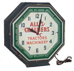 Neon advertising clock, for "Allis Chalmers, Tractors, Machinery". — Antique Clocks Price Guide
