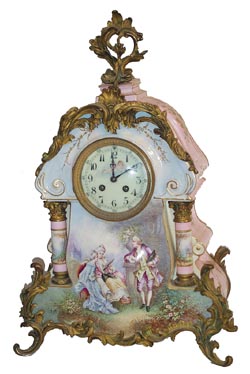 Very large French porcelain clock with attached cast bronze ornaments from the feet to the top. Hand painted scenes signed by "Petit". — Antique Clocks Price Guide